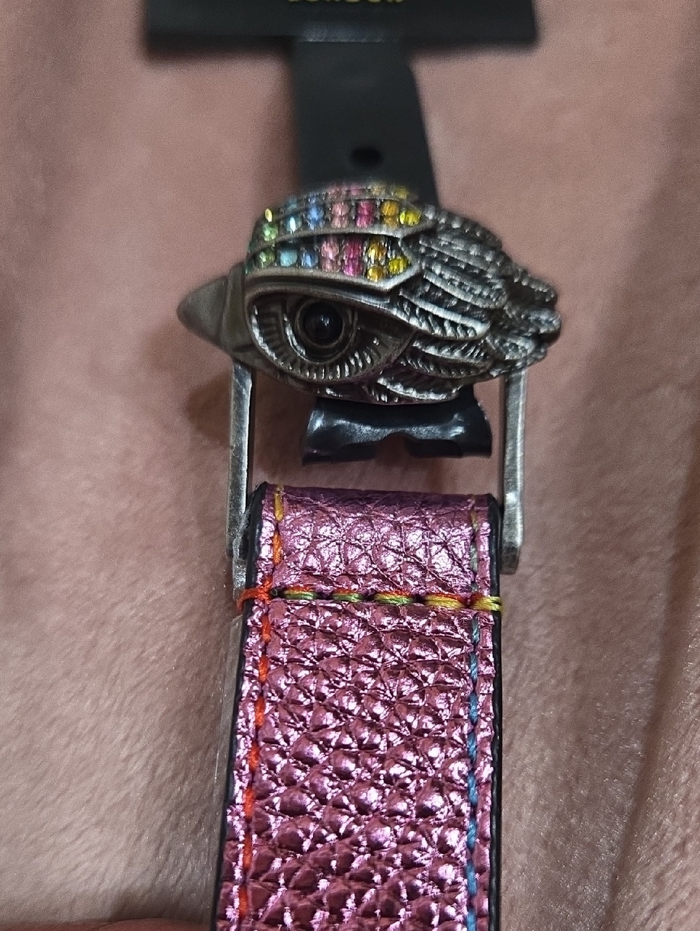 Kurt Geiger Pink Metallic Leather Belt with Multicolor Eye Buckle